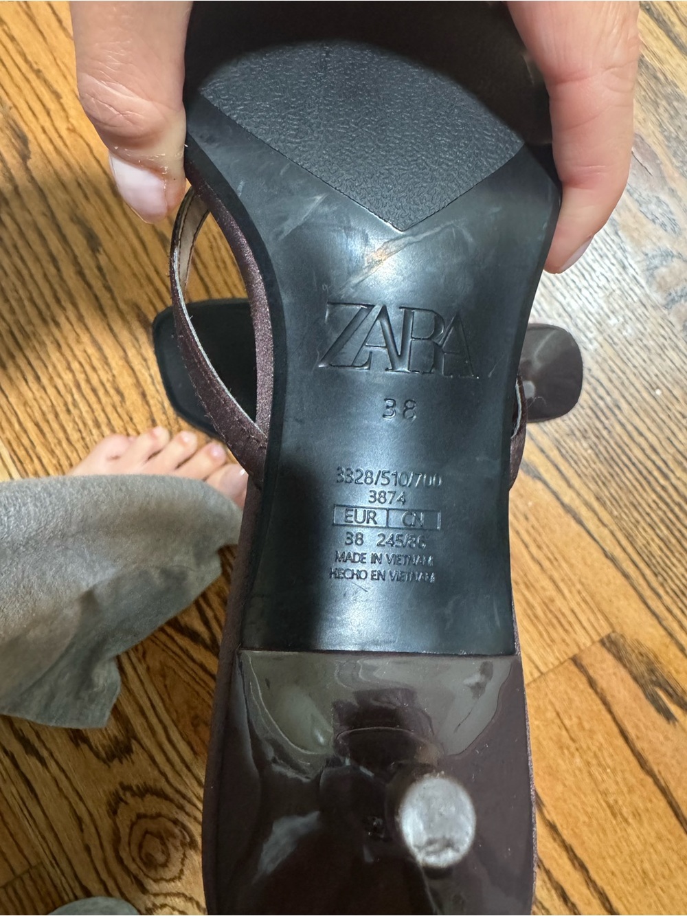 Zara Dark Brown Satin Kitten-Heel Thong Sandals - Picture 3 of 5